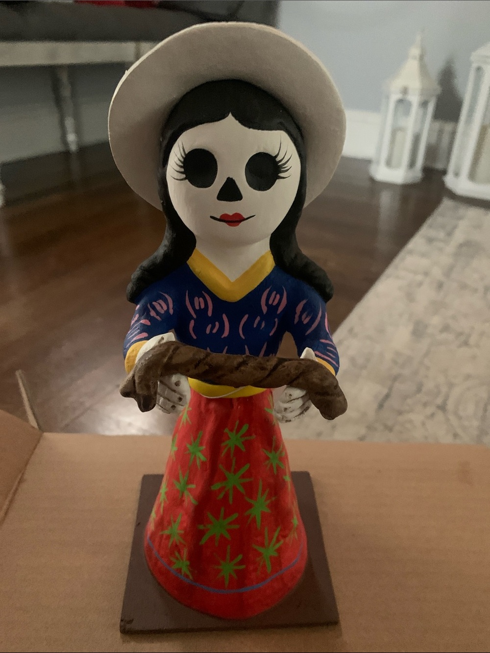 🆕- Hand-Painted Folk Art Skeleton Sculpture in Blue, Red & White